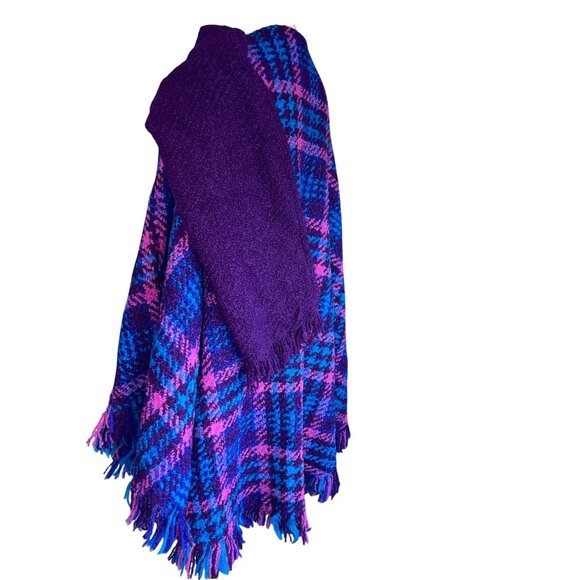 Boyne Valley Weavers Womens One Size Blue Wool Hand Knit Plaid Shawl Poncho - Picture 3 of 11